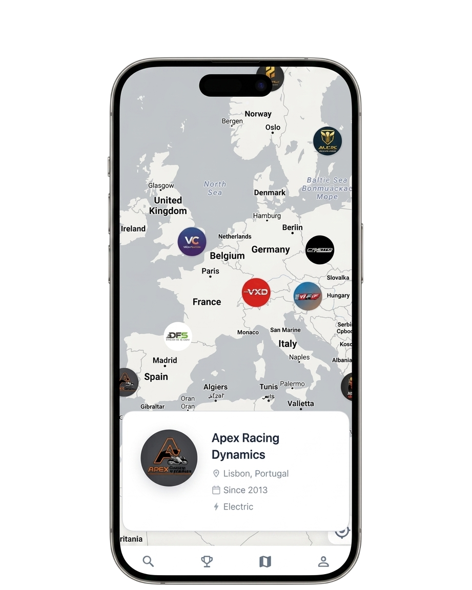 PitMonkey FS world map of Formula Student teams on iPhone