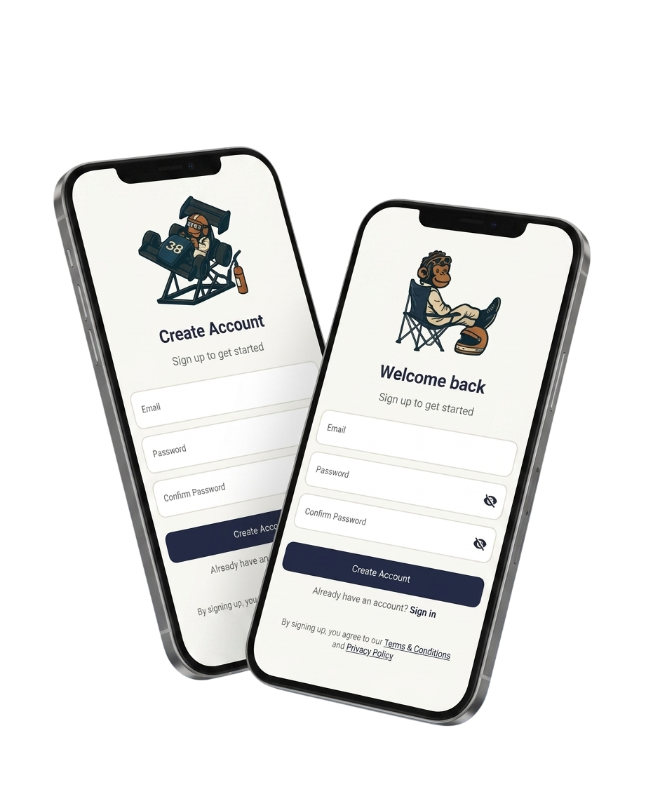PitMonkey FS sign up and welcome screens on iPhone